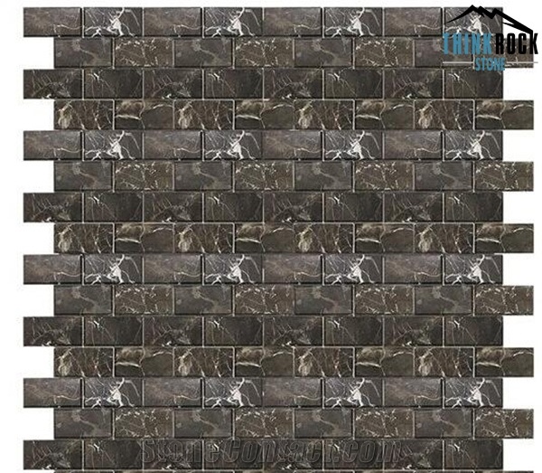Dark Emperador Marble Polished Bevelled Brick Mosaic Tiles