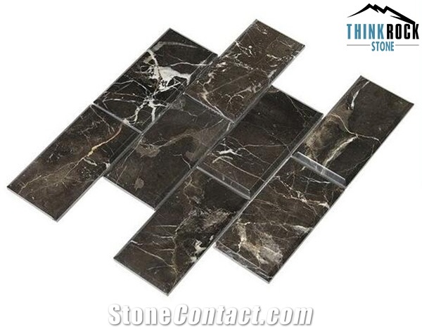 Dark Emperador Marble Polished Bevelled Brick Mosaic Tiles