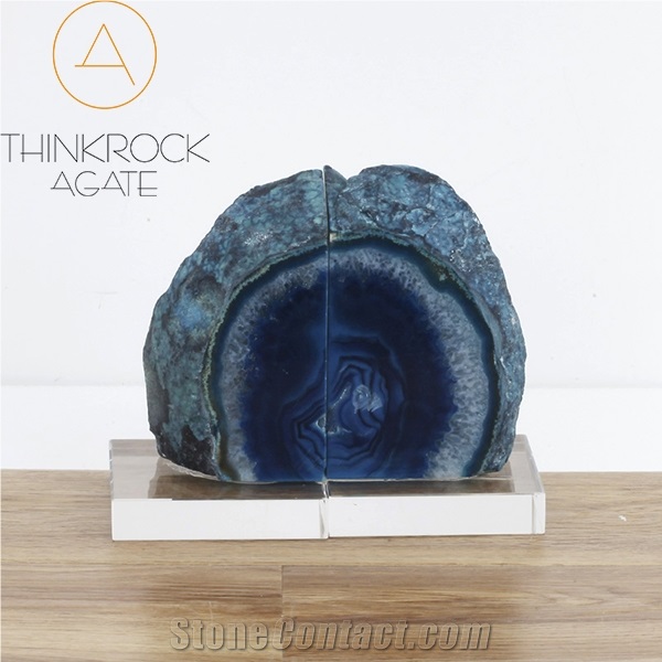 High-End Look Surrounding Blue Enhanced Polished Agate Rock Bookends