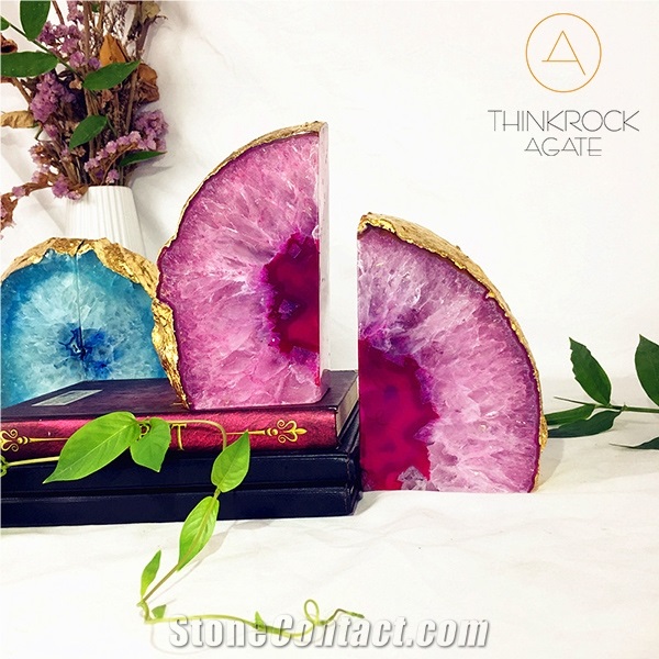 High Hardness Nice Pink Enhanced Rainbows White Agate Geode Bookends