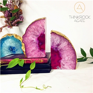 High Hardness Nice Pink Enhanced Rainbows White Agate Geode Bookends