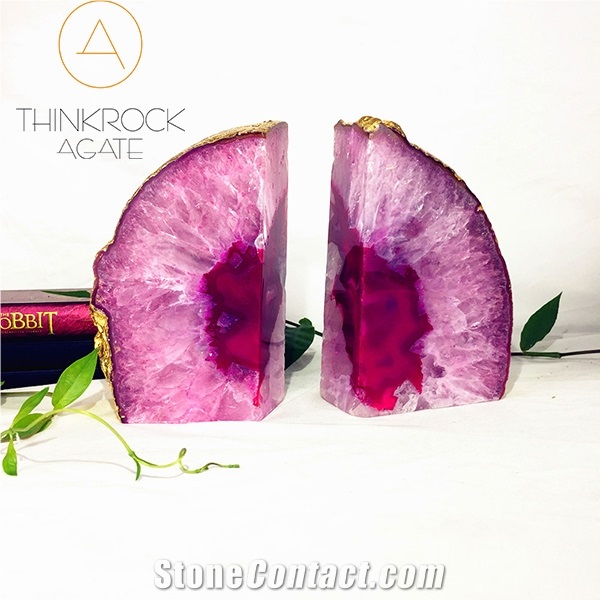 High Hardness Nice Pink Enhanced Rainbows White Agate Geode Bookends