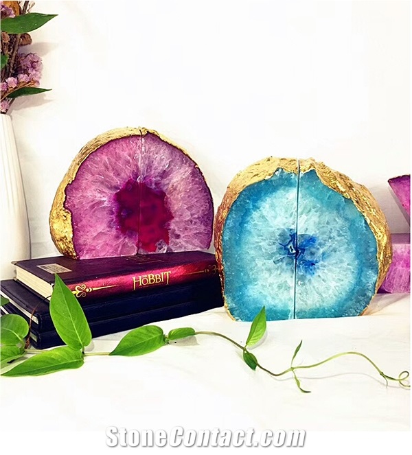 High Hardness Nice Pink Enhanced Rainbows White Agate Geode Bookends