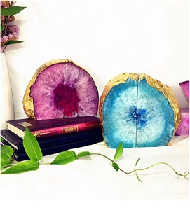 High Hardness Nice Pink Enhanced Rainbows White Agate Geode Bookends