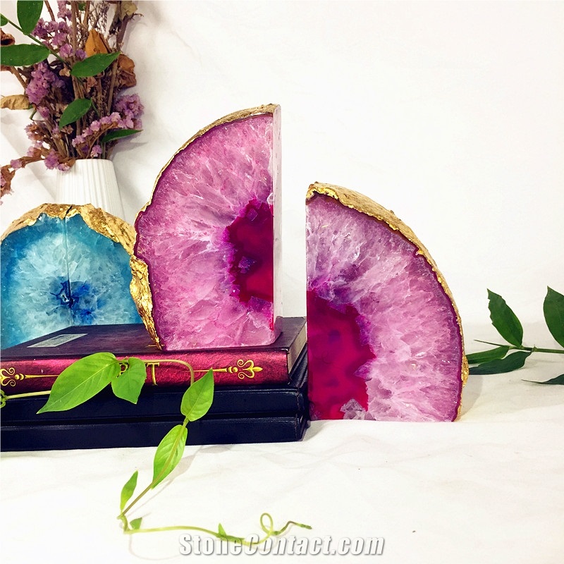 High Hardness Nice Pink Enhanced Rainbows White Agate Geode Bookends