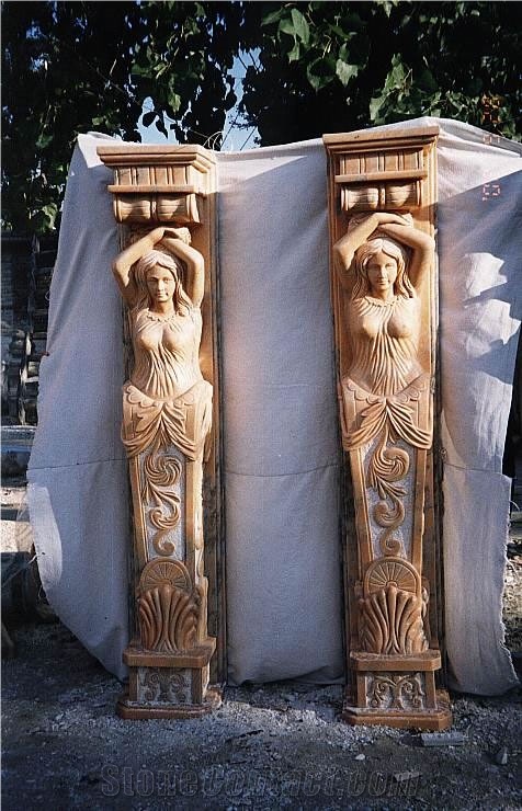 Handcarved Beige Marble Sculptured Building Column Statues