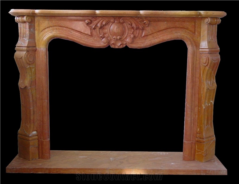 Red Marble Handcarved Fireplaces Mantel, Western Style Sculptured