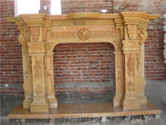 Yellow Marble Handcarved Fireplace Mantel,Western Sculptured Fireplace