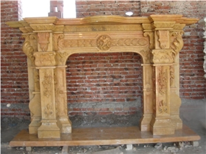 Yellow Marble Handcarved Fireplace Mantel,Western Sculptured Fireplace Yellow Marble Handcarved Fireplace Mantel,Western Sculptured Fireplace