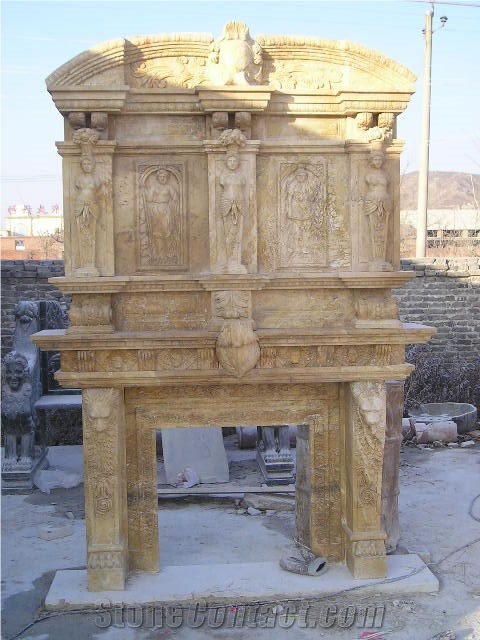 Yellow Marble Handcarved Fireplace Mantel,Western Sculptured Fireplace