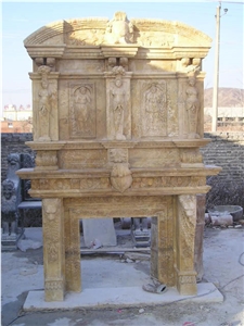 Yellow Marble Handcarved Fireplace Mantel,Western Sculptured Fireplace