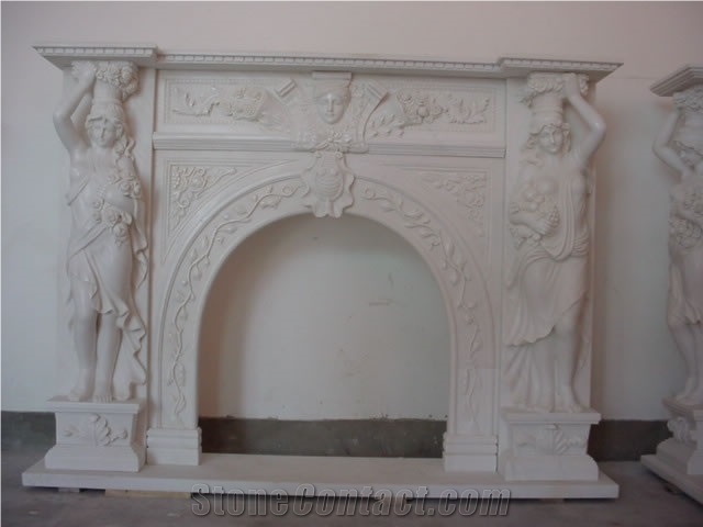 Yellow Marble Handcarved Fireplace Mantel,Western Sculptured Fireplace
