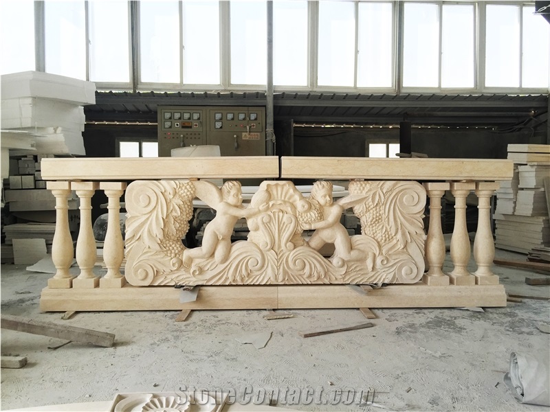 Beige Marble Fireplace Railing Column Capital Carving Customized Stone