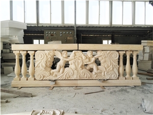 Beige Marble Fireplace Railing Column Capital Carving Customized Stone
