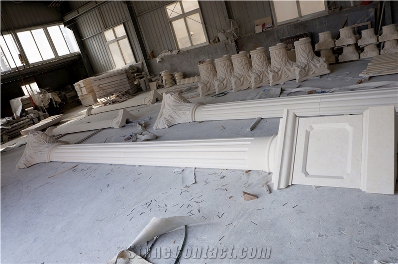 Beige Marble Fireplace Railing Column Capital Carving Customized Stone