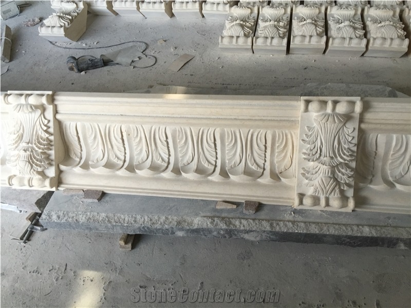 Beige Marble Fireplace Railing Column Capital Carving Customized Stone