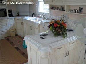 Aegean White Marble Kitchen Perimeter Countertop, Peninsula Top