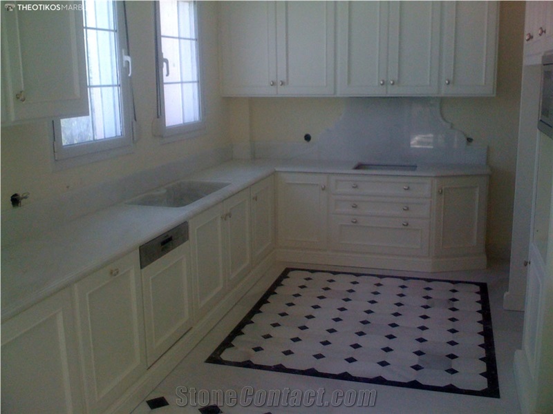 Aegean White Marble Kitchen Perimeter Countertop, Peninsula Top