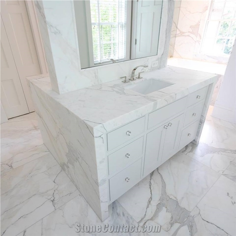 Calacatta Marina Double Sided Vanity with Waterfall Sides