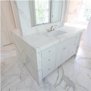 Calacatta Marina Double Sided Vanity with Waterfall Sides Calacatta Marina Double Sided Vanity with Waterfall Sides