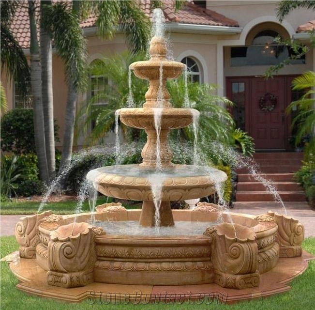 Three Tiers Yellow Limestone Larger Fountain for Garden