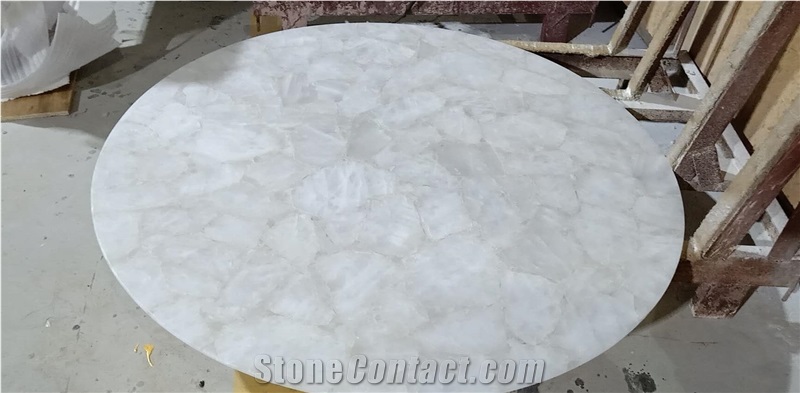 White Crystal Preciousstone Backlit Agate Round Table White Marble