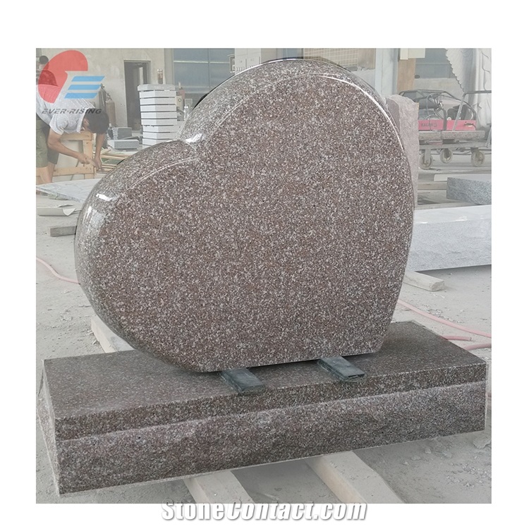 Aurora Red Seashell Pink Granite Single Heart Rose Flower Monument