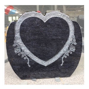 Bahama Blue Heart Shape with Flower Sandblast Desing Granite Monument