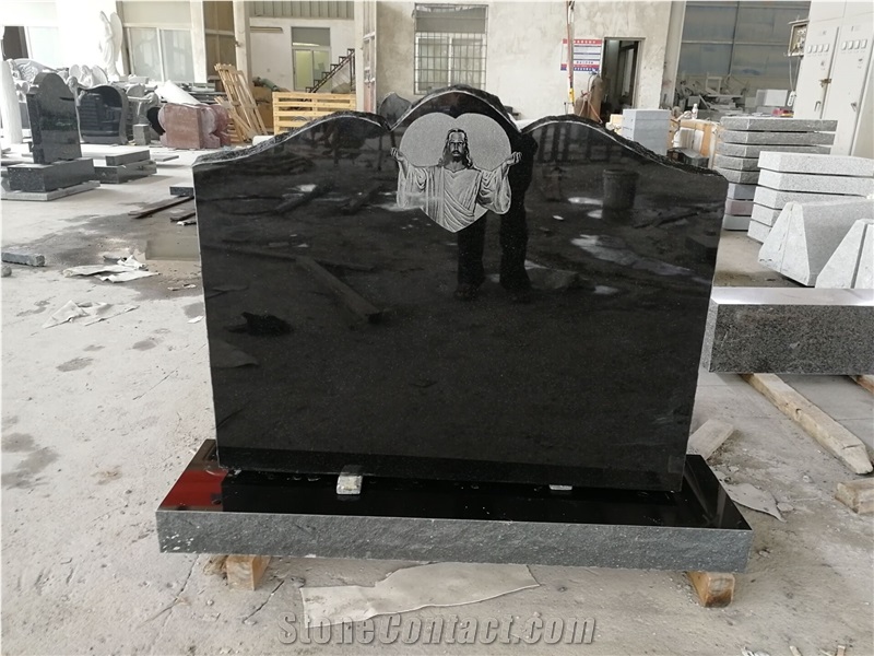 Black Granite Monument Shadow Engraved Jesus Headstone Western Style