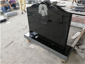 Black Granite Monument Shadow Engraved Jesus Headstone Western Style