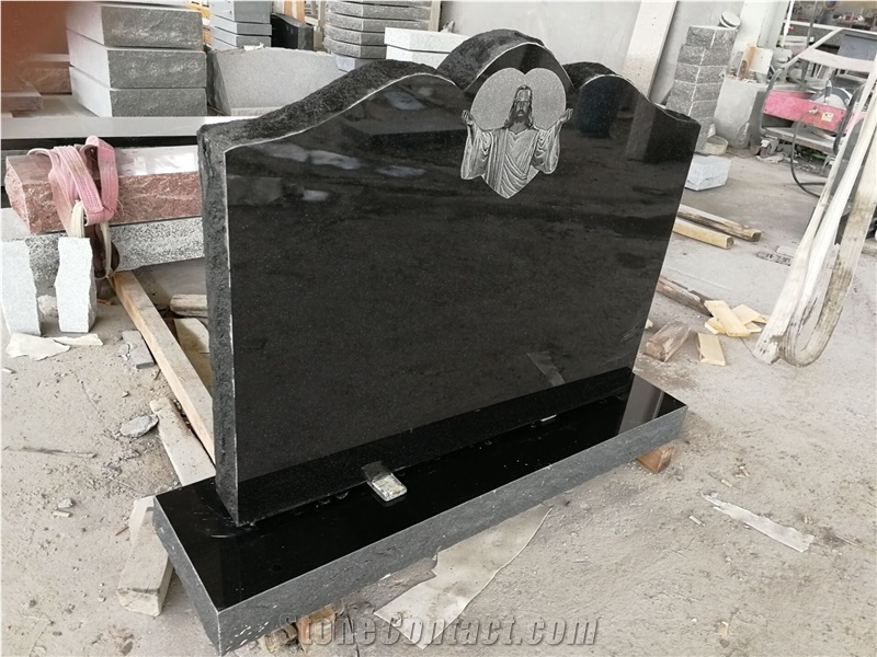 Black Granite Monument Shadow Engraved Jesus Headstone Western Style