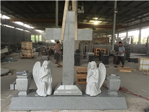 G633 Light Gray Cross Monument with Kneeling Angel Fully Carved