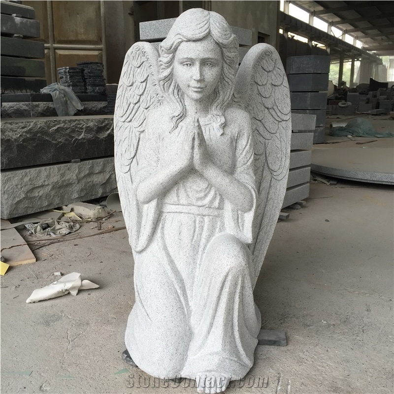 G633 Light Gray Cross Monument with Kneeling Angel Fully Carved