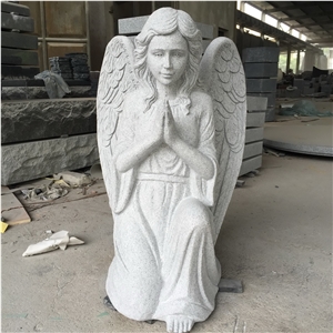 G633 Light Gray Cross Monument with Kneeling Angel Fully Carved