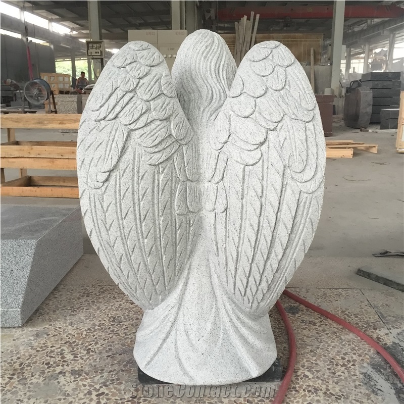 G633 Light Gray Cross Monument with Kneeling Angel Fully Carved