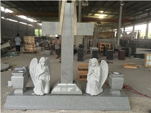 G633 Light Gray Cross Monument with Kneeling Angel Fully Carved