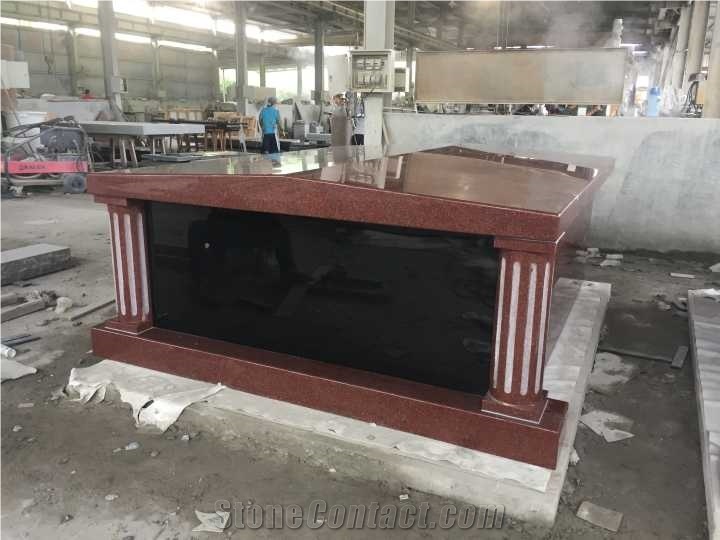 India Red Granite Double Crypts Mausoleum With Round Column