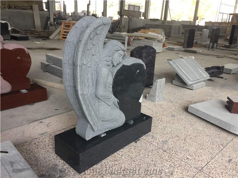 Regal Slate Dark China Gray Heart Monument with Angel Carved Fully