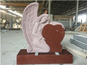 Ruby India Red Granite Heart Monument with Angel Fully Carved