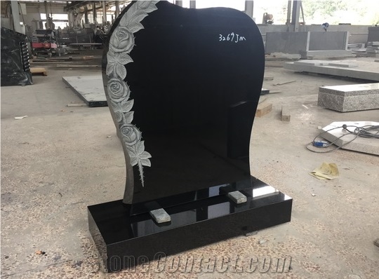 Shanxi Black Grante Headstone with Rose Carving