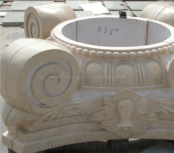 Ionic Column Beige Marble Hand Carved Column Tops