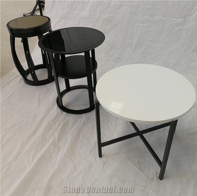 Quartz Inlayed Round Table Tops, White Quartz Tops