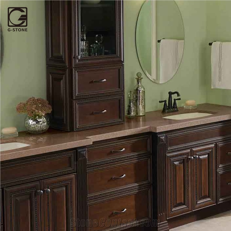 Brown Color Quartz Stone Residential Kitchen Countertops