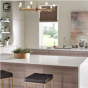 White Quartz Marble Looks Stone Perimeter Countertop, Island Top