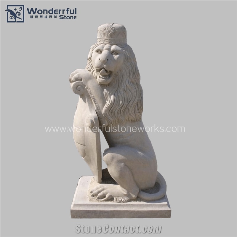 Gate Lion Statues Beige Marble Animal Sculpture