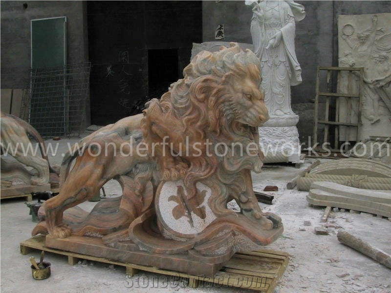 Gate Lion Statues Beige Marble Animal Sculpture