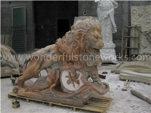 Gate Lion Statues Beige Marble Animal Sculpture