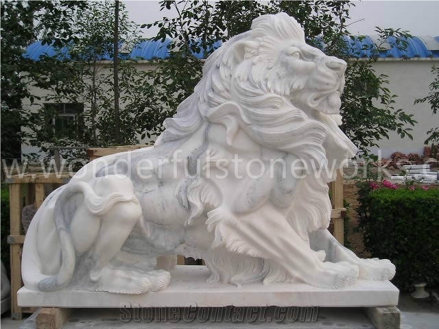Gate Lion Statues Beige Marble Animal Sculpture