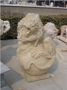 Travertine Guardian Lion Statue Animal Sculpture