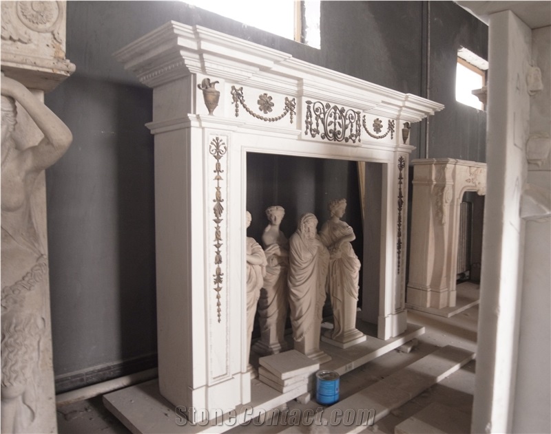 White Marble Cast Bronze/Brass Fireplace Mantels